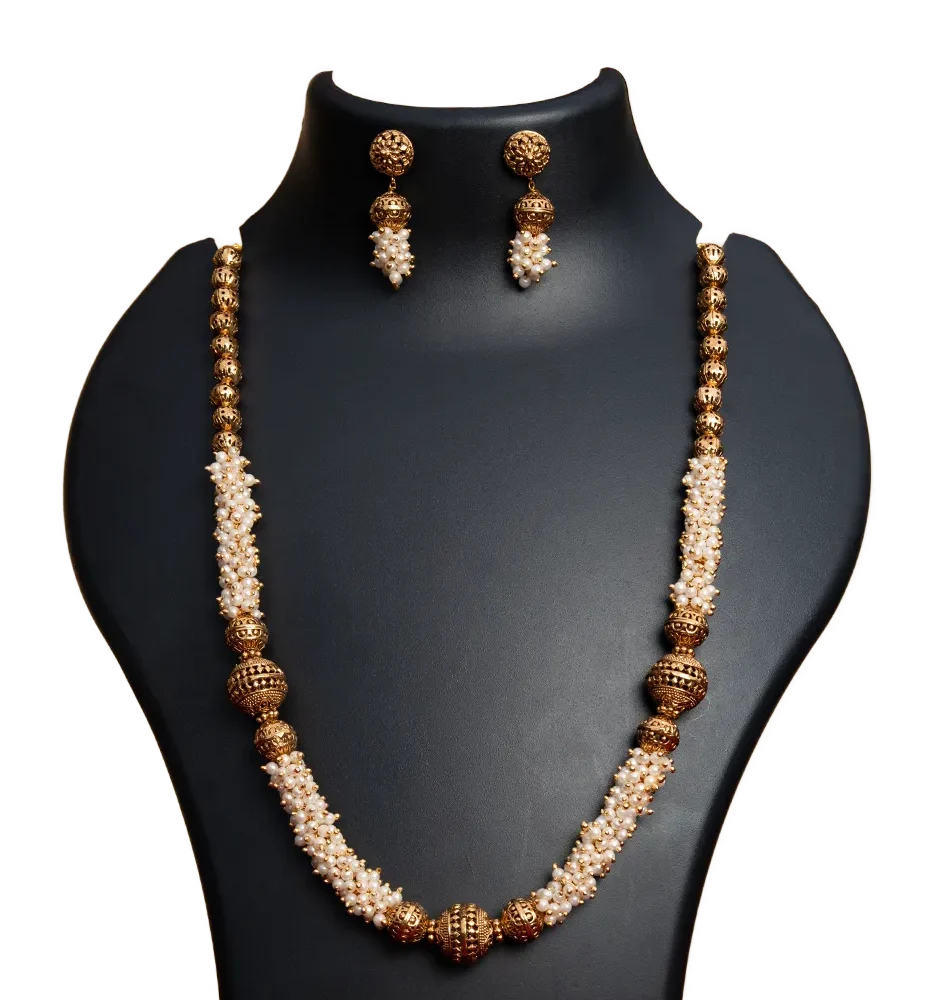Antique Gold Bead & Pearl Mala Necklace Set