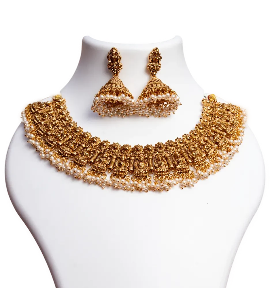 Antique Lakshmi Temple Choker with Pearl Drops