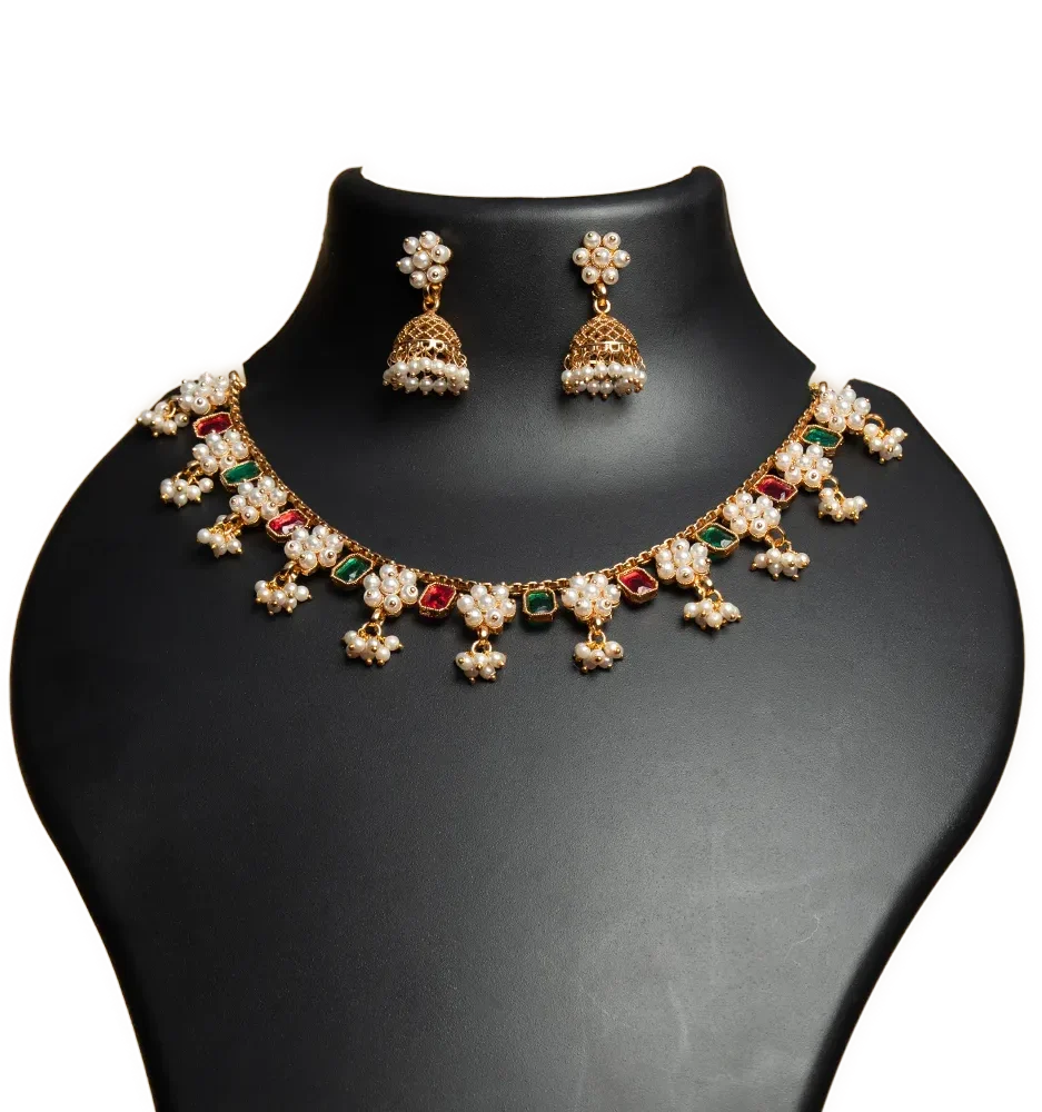 Pearl & Kundan Choker Necklace with Jhumkas