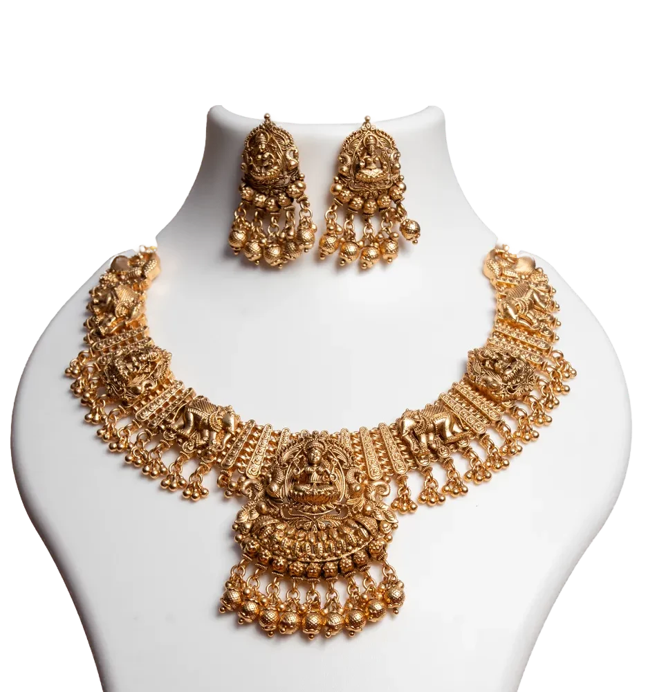 Antique Lakshmi Temple Necklace Set with Elephant Motifs