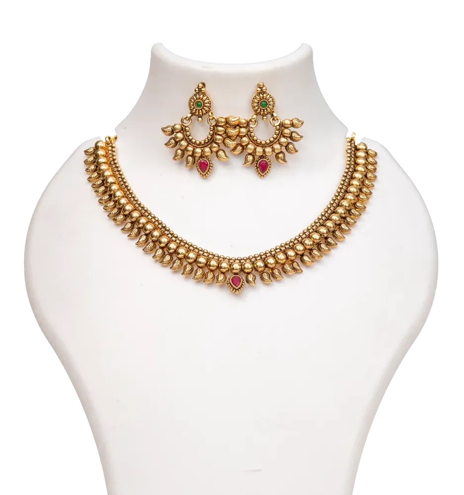 Antique Leaf Motif Temple Necklace Set