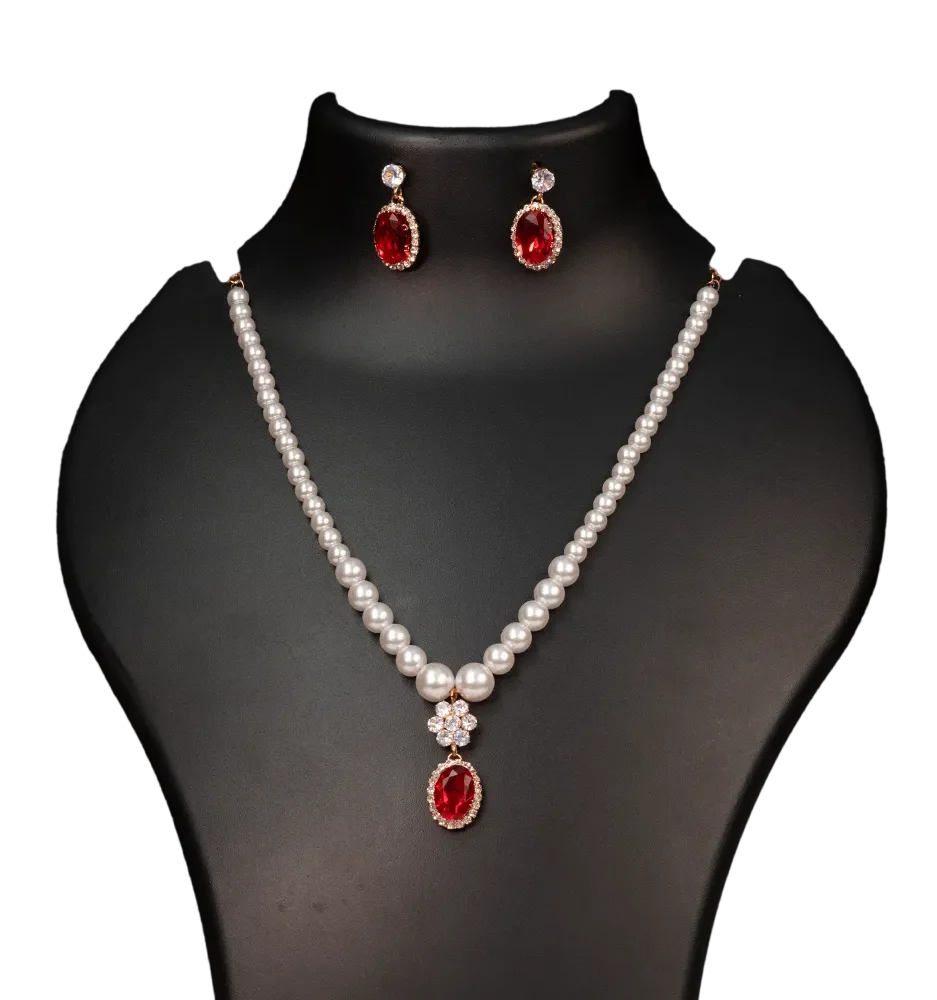 Pearl Drop Red Stone Necklace Set