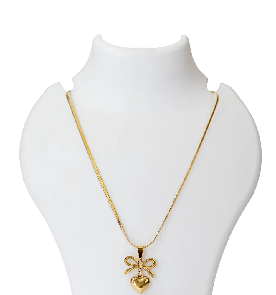 Golden Heart Bow Pendant Necklace