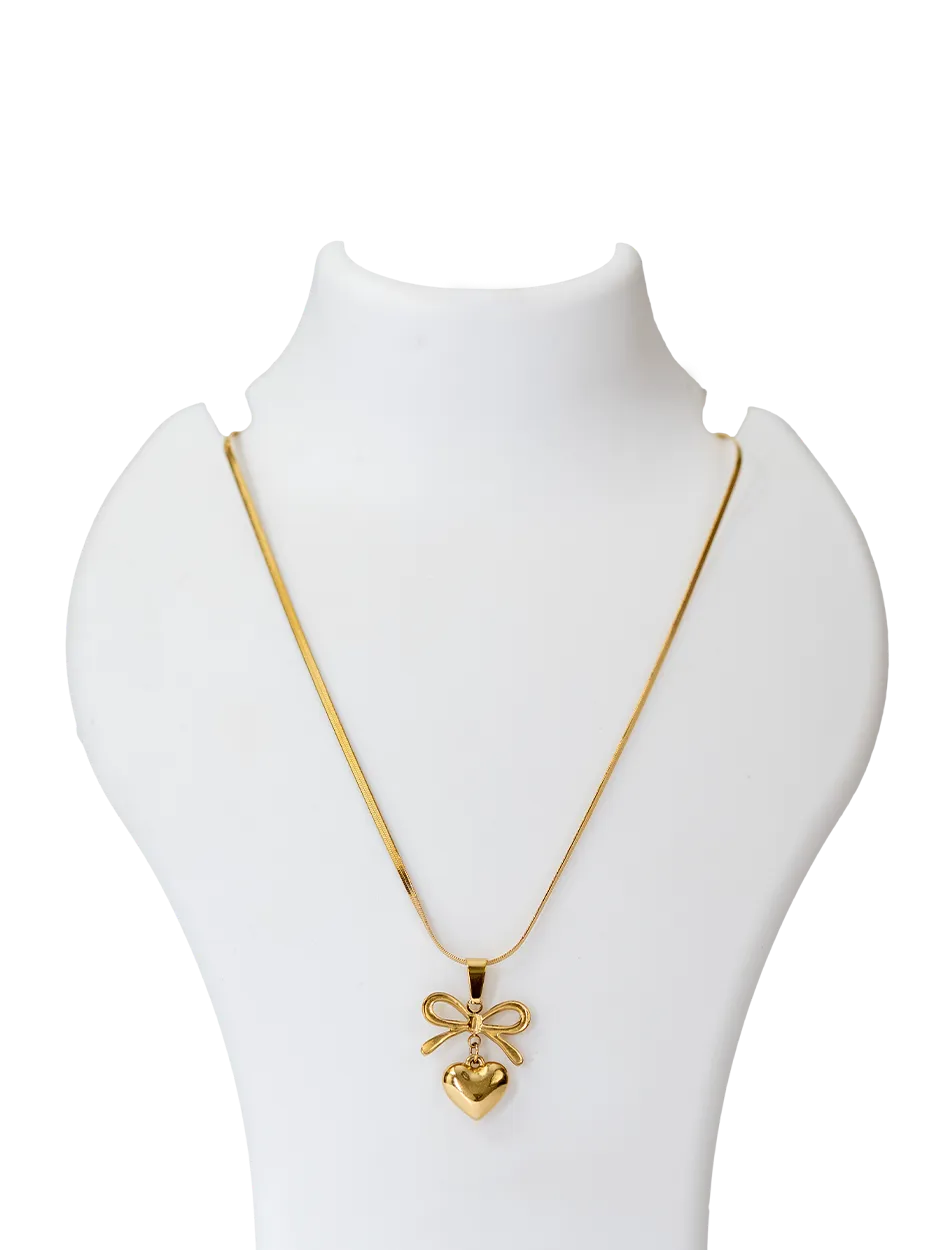 Golden Heart Bow Pendant Necklace